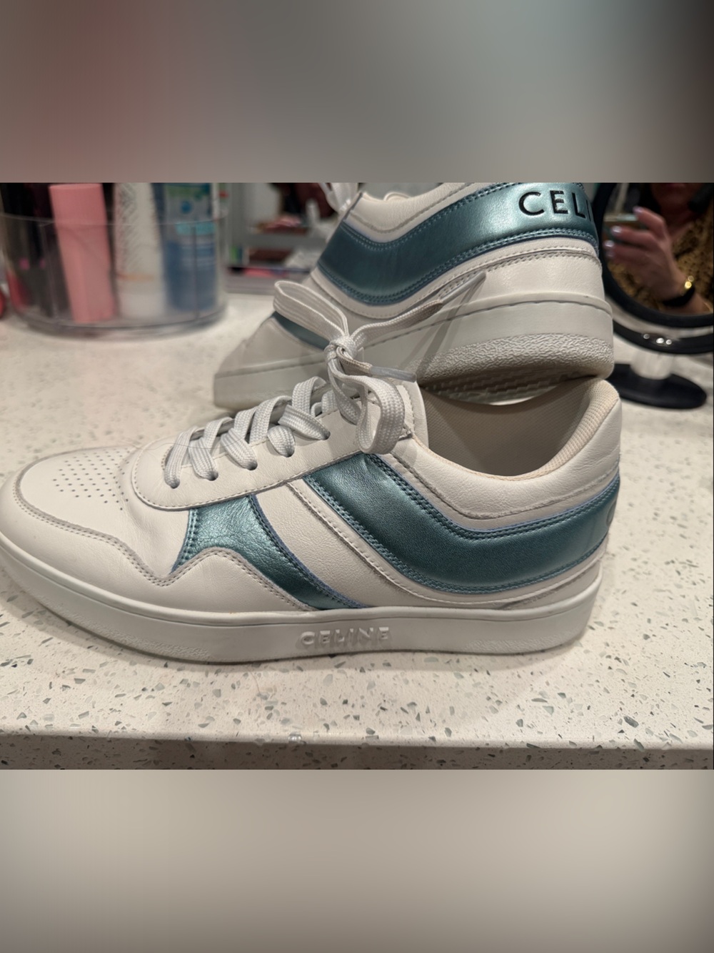 Celine White Leather Sneakers with Metallic Light Blue Detailing - Picture 8 of 8